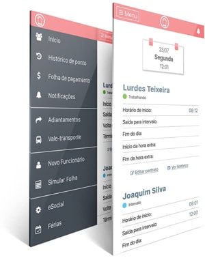Doméstica App com cartão-ponto e folha. Mostra um funcionário trabalhando o outro no intervalo.